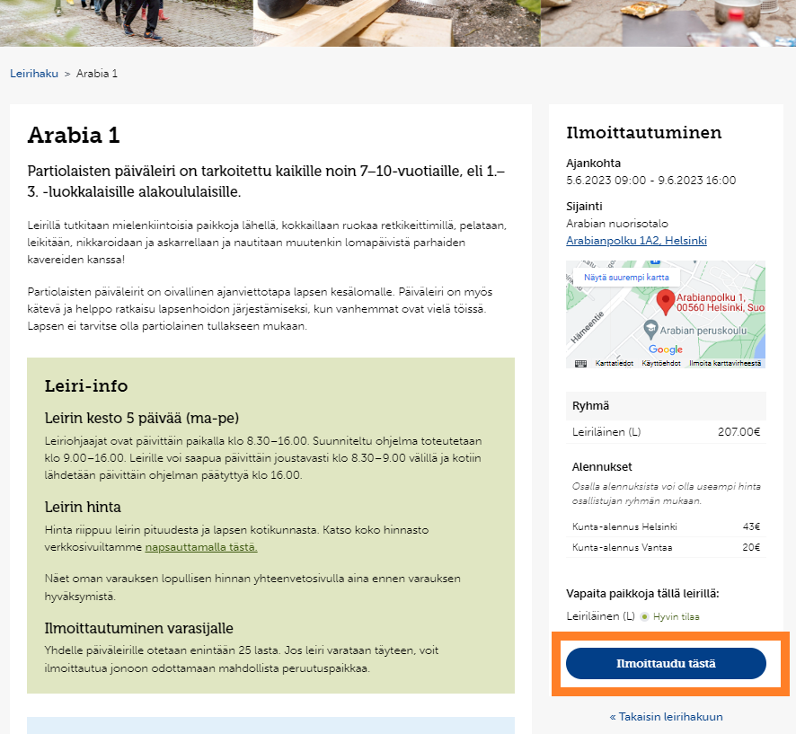Yksittäisen leirin sivulla paina Ilmoittaudu tästä -painiketta.