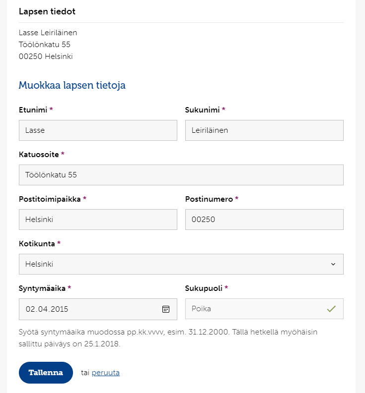 Lapsen tietojen muokkaus